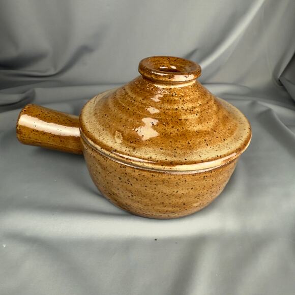 Vintage Studio Pottery Soup Bowl with Lid Brown Speckle Glaze Handled 5” - Picture 1 of 5